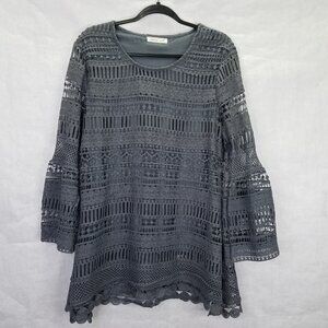 Indigo Soul Tunic Top Mini Dress Women's L Bell Sleeves Gray Lined Lace Crochet